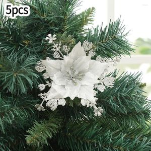 クリスマスの飾りキラキラ花の花ロイヤルブルーシルバー14cm 5pcs美しいオーナメントブリングブロンズ雰囲気