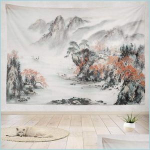 Tapestries Tapestries Mountain Tapestry Wall Hanging Decorative Pink Cherry Chinese Landscape Japanese Blossom For Bedroom Living Roo Dhrjm