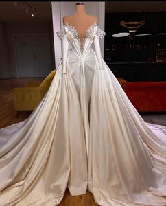 White Elegant Mermaid Wedding Dresses Long Sleeves Deep V Neck Sequins Pearls Appliques Beaded Detachable Train Satin Bridal Gowns Sweep Train Vestido de novia