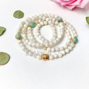 Strand WMB43513 Moonstone Mala Pärlor halsband med Amazonite och Buddha Charm Prayer 108 Wrist Yoga Gift