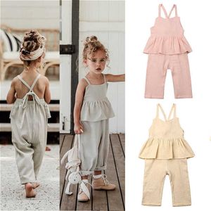 Pagliaccetti 16Y Moda Bambino Ragazze Ruffle Tuta Senza maniche Backless Strap Pagliaccetto Tinta unita Casual Tute estive J220922