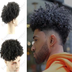 Afro Curly Natural Masculino Homem Durável Homem Durável Afro -American Skin Fino Plemola Real Sistema de Reposição Humano Prótese da Unidade