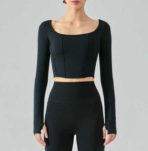 Fish Bone Tangent Square Neck Yoga Outfits Top Long Sleeve Female Slim Sports Shirt Fitness Gym Clothes