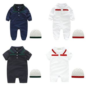 1-2 år baby Rompers pojke flicka barn designer bokstavsrand 100% bomull Nyfödd Långärmad kortärmad jumpsuits hatt 2-delat set G00001