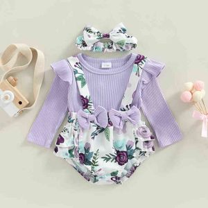 Rompers Girls Floral Jumpsuit Autumn Baby Clothing Girl Long Sleeve Rompers pannband Kids Outfits Girl 2st Set Newborn Rompers J220922