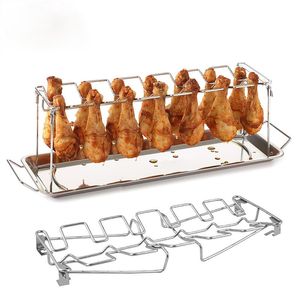 BBQ Tools Accessories Beef Chicken Leg Wing Grill Rack 14 Slots rostfritt stål grillstrumpstickshållare Oven Roaster Stand med Drip Pan 220922