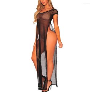 Women's Swimwear Women's Sexy Women Hollow-out Bikini Cover Ups Solid Color Short Sleeve Side Split See Through Dress For Summer Bench