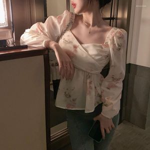 Kvinnors blusar 2022 Chiffon Bowknot Drawstring Women Floral Print V-ringning Tre kvart ärm