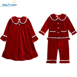 Pajamas Winter Essential Christmas مجموعات ملابس النوم للأطفال الفتيات الأحمر المخملية الدانتيل الطويل الأكمام الأطفال ملابس الأطفال بدلة 220922