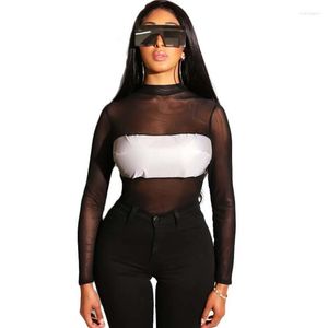 Kvinnors tvåbitar byxor kvinnors kropp feminino sexig mesh bodysuit leotard kvinnor elegant svart lapptäcke se genom mager långärmad