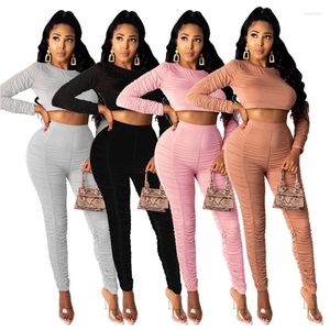 Women's Two Piece Pants 4 Colors Women Casual 2 Sports Outfits Long Sleeve Sexy Crop Top High Waist Bodycon Pleated Tight Training Suit