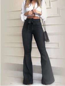 Women's Dark Blue High Rise Buttoned Flared Jeans Slight Stretch Solid Color Belted Denim on Sale