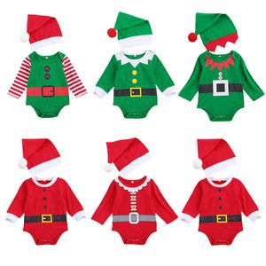 Footies 2Pcs Set Born Baby Christmas Outfits Abbigliamento Manica lunga Girocollo Stampa PagliaccettiPompon Cap Toddler Infant Party Costumes 220922