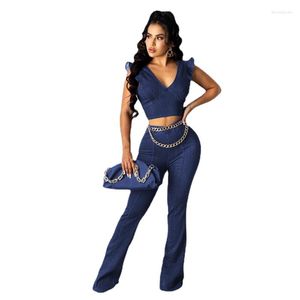 Pantaloni da donna a due pezzi sexy a 2 set da donna denim estate increspatura del corsetto top e jeans flare guscio di abbigliamento