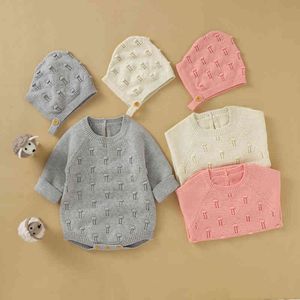 Rompers Autumn Winter Baby Basy Boys Knitted Romper Hats Cotton Ware Long Legheves BabyRompers新生児ジャンプスーツ服j220922