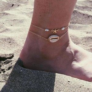 Fußkettchen Boho Mode Shell Künstliche Perle Mehrschichtige Fußkettchen Frauen Sommer Golden Beach Barfuß Sandalen Armband Mädchen Schmuck