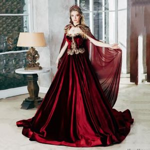 Vintage Kaftan Satin Evening Dresses With Burgundy Chiffon Cape Gold Tassel Lace Appliques Beaded Long A-Line Formal Prom Gowns Floor Length Corset Vestido