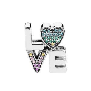 925 Sterling Silver Rainbow Pave Love Charm europeiska p￤rlor med originalbox f￶r Pandora Snake Chain Armband Bangle Diy Jewelry Making Letter Charms