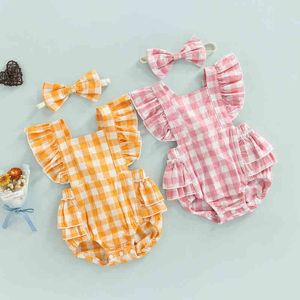 Rompers Baby Girl Bodysuit pannband kläder Kort ärm Plaid Print Jumpsuits för nyfödda outfit Sunsuit Summer Girl Bodysuit J220922
