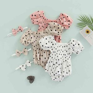 Rompers Baby Girls Rompers headwear Cotton Blend Heart Print Short Puff Pastry Sleeve Phectuituity Nevelborn Chilers Clothes Clote J220922