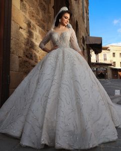 Luxury Arabic Dubai Wedding Dresses Bridal Gowns Beads Crystals Ball Gown Long Sleeve Vestido de Noiva Plus Size