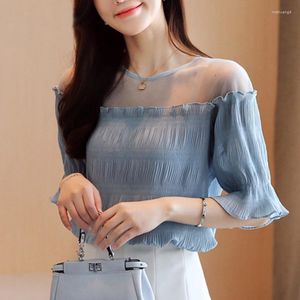 Damenblusen Koreanischer Stil Mesh Off-Shoulder-Tops Sex Hollow Out Bürodame Hemd Chiffonbluse Frau Kurzarm Einfarbig V2469