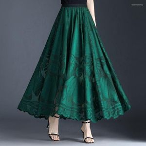 Spódnice kobiety zielone długie Maxi 2022 w stylu chiński letni wysoki talia Pletacja Kobieta Vintage Big Swing A-Line Lace