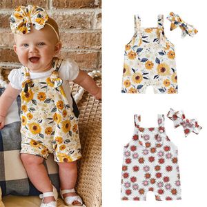 Rompers Baby Girls Summer Jarretel брюки с головными цветами Sun Print Bands в целом детские малыш