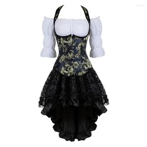 Bustiers Corsets女性ゴシックコルセットドレス刺繍花のアンダーバストベストルネッサンスブラウス非対称レーススカートセット3ピース