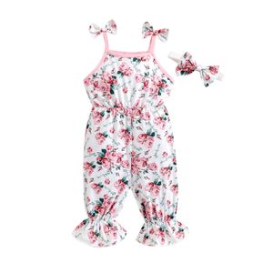 Strampler Baby Mädchen Sommer Overall Kleidung Outfit Blumendruck Lässige Ärmellose Strumpfband Strampler Und Stirnband 2 Stück J220922