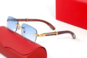 Neue Modedesigner-Retro-Sonnenbrille für Damen, Herren, quadratisch, randlos, Brillengestell, klare blaue, rotbraune Gläser, goldfarbene Metall-Holzrahmen, Carti-Sonnenbrille
