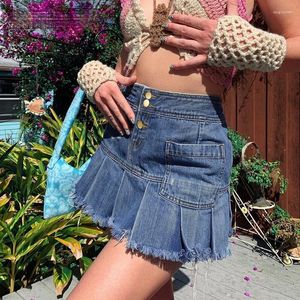 Skirts Y2K Streetwear High Waist Denim Pleated 2000s Aesthetics A-line Pockets Cute Blue Jean Skirt Short Kawaii Outfits
