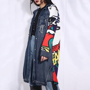 Kvinnors trenchrockar Kvinnor 2022 Spring Autumn Women Coat Fashion Lapel L￥ng￤rmad bl￥ m￶nster tryckt L￶st denim Big Size Cowboy