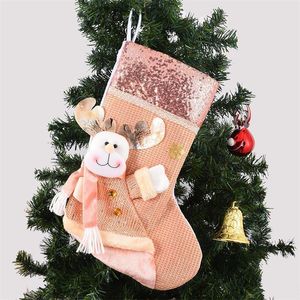 Juldekorationer gåva Rose Gold Pink Socks Barn föredrar jultomten Xmas älg snögubbe väska träd dekor barn gåva jul rrb15778