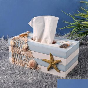 Taschentuchboxen, Servietten, mediterraner Stil, Papieretui, Holz, bemalt, Gesichtsbox für Badezimmer, Heimdekoration, Fisch, Seestern, Karton, Drop Dh8Bq