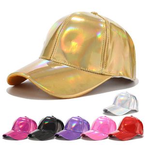 Metalik Kapak toptan satış-Top kapakları ayarlanabilir parlak holografik beyzbol şapkası gökkuşağı yansıtıcı hip hop rave şapka metalik gündelik kapak t220923