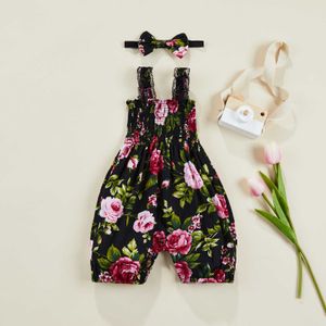 Rompers 2022 baby sommarkläder nyfödda baby flicka blommor romper ärmlös bomull jumpsuits med pannband J220922