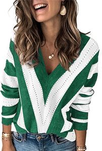 여자 티셔츠 여자 컬러 블록 줄무늬 V 목 스웨터 긴 소매 풀 오버 니트 스웨터 S-2XL