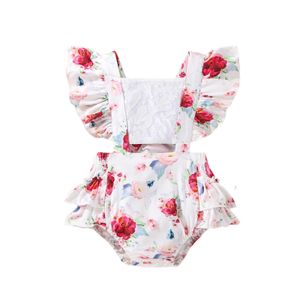 Rompers piękne nowonarodzone dziewczynki romper kwiatowy koronkowy szwy szjący rękaw muchowy marszczyki Playsuit Joks 012m Letnie stroje J220922