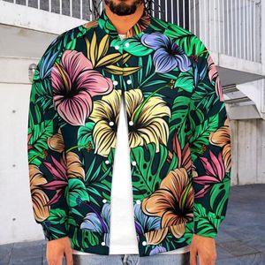 Men's Jackets Palm Leaves Baseball Jacket Tropical Florals Print Trendy Long Sleeves Varsity Man Autumn Coats