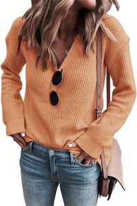 Women's T-Shirt Womens Sexy V Neck Long Sleeve Cable Knit Warm Sweaters Cozy Casual Loose Pullover Sweater Tops