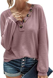 T-shirt da donna Camicie in maglia waffle con scollo a V Manica lunga Camicette larghe casual casual Pullover leggero con bottoni finti semplici