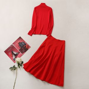 2022 Autumn Red Solid Color Two Piece Dress Set Long Sleeve Turtle Collar Sticked Top Long kjoldräkter Set 22S23SK