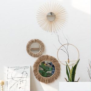 Tapisserier Tapissries Nordic Retro Woven Twine Mirror Art Handmade Round Homestay Living Room Decoration Coffee Shop Boho Rame Drop D Dhu6i