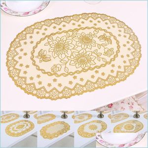 Mats almofadas de renda oval PVC Gold Plástico Mesa de Planto de tapete de pano de pano de casamento Casamento de chá de café Placemat caneca bebida bebida cozinha Drop D DHCBM