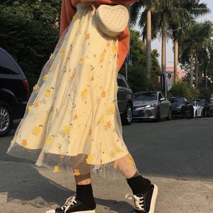 Skirts Women Autumn Spring Fashion Elegant Yellow Flower Lace Skrit Mesh Long SkritFemale Sweet Cute Tulle High Waist Midi Skirt