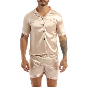 Herren-Nachtwäsche, seidiger Satin-Pyjama, gekerbter Kragen, kurze Ärmel, Button-Down-Hemd, Oberteil mit elastischer Taille, Boxershorts für Lounge