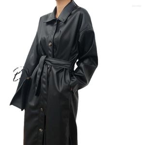 Women's Leather Women's & Faux FMFSSOM 2022 Spring Autumn PU Long Jacket Women Loose Belt Windbreaker Trench Slim Fit Windproof Coat