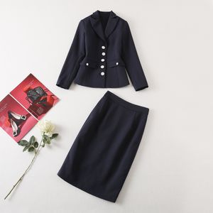 2022 Autumn Blue Solid Color Two Piece Dress Set Long Sleeve hacked-Lapel Single-Breasted Blazers Topp Mid-Calf kjoldräkter Set 22S23SK