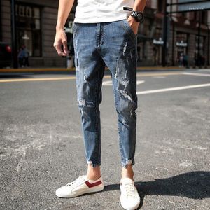 Mäns jeans Herrens hösten Mäns rippade nionde byxor Slim-passande ankelbundna tappade studentkoreanska stil modebyxor